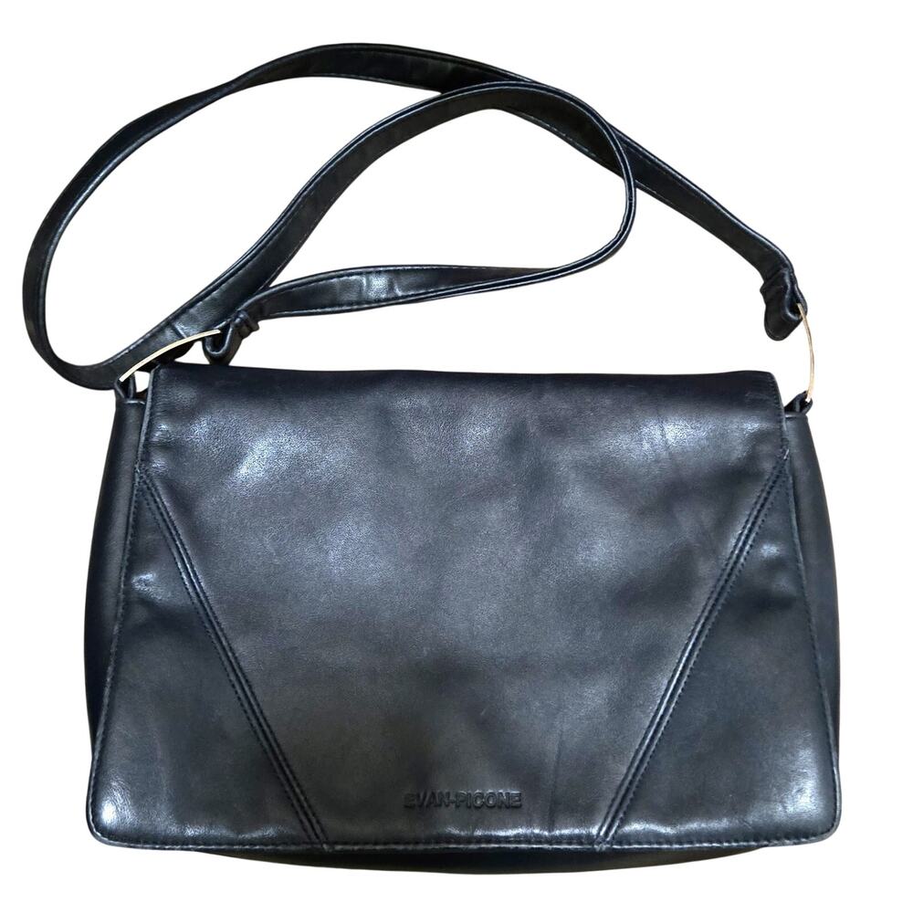 Evan-Picone Vintage Black Leather Crossbody Envelope Flap Pocketed Purse 11x3x8